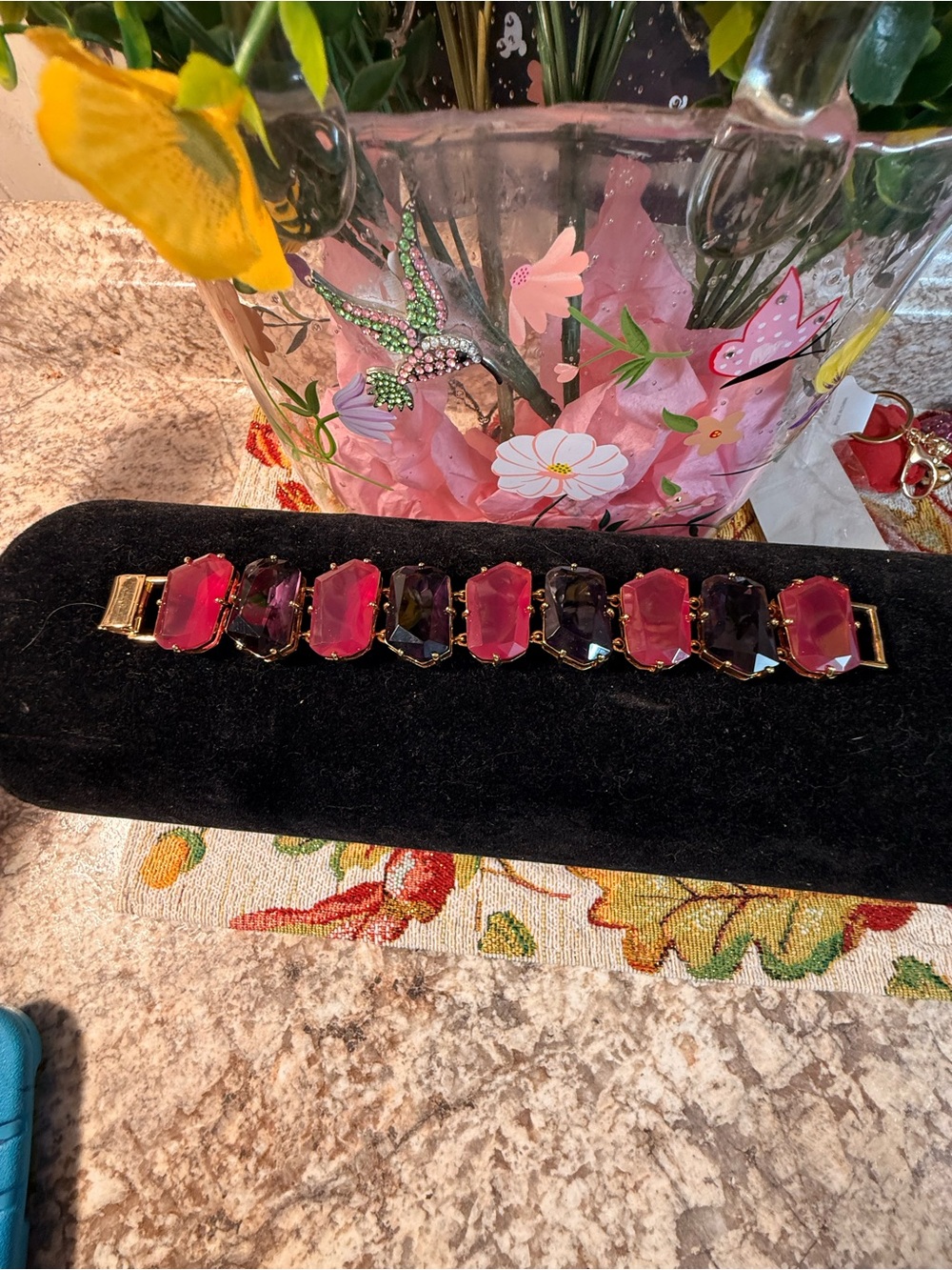 kate spade Pink and Deep Purple Faceted Crystal Link Bracelet - Gold Tone